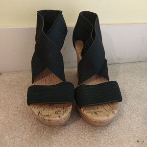 Strappy black and cork wedges